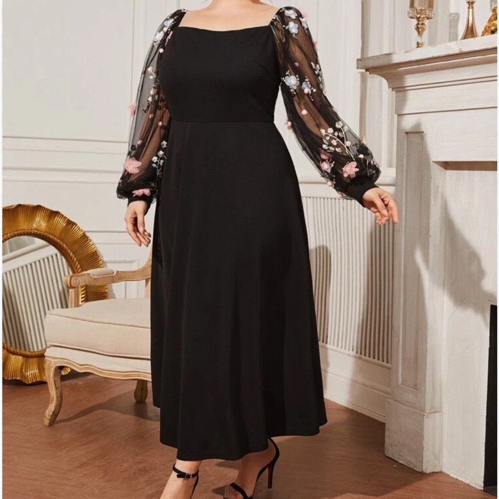 SHEIN- Black Long Sleeve-Mesh Floral Sleeve-Midi Dress-XL- Like New, Never Worn.